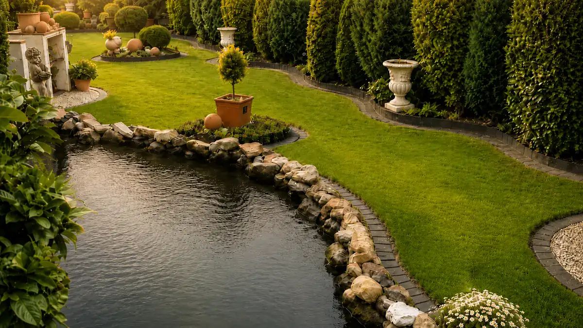 Gepflegter Privatgarten mit Teich, Natursteinen und formgeschnittenen Hecken – ein Projekt von Gezer Bau & Garten