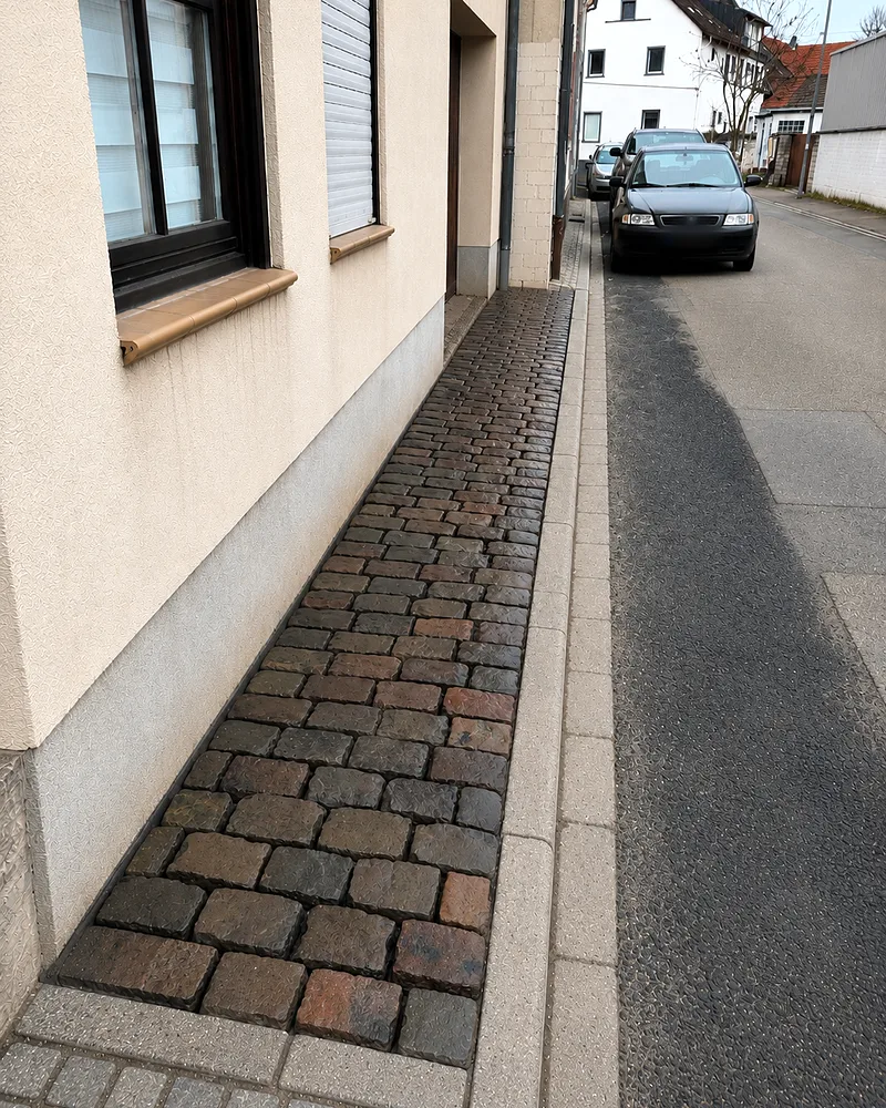 Nachher: neuer Natursteinweg aus Granit-Pflaster entlang der Hauswand in Mainz