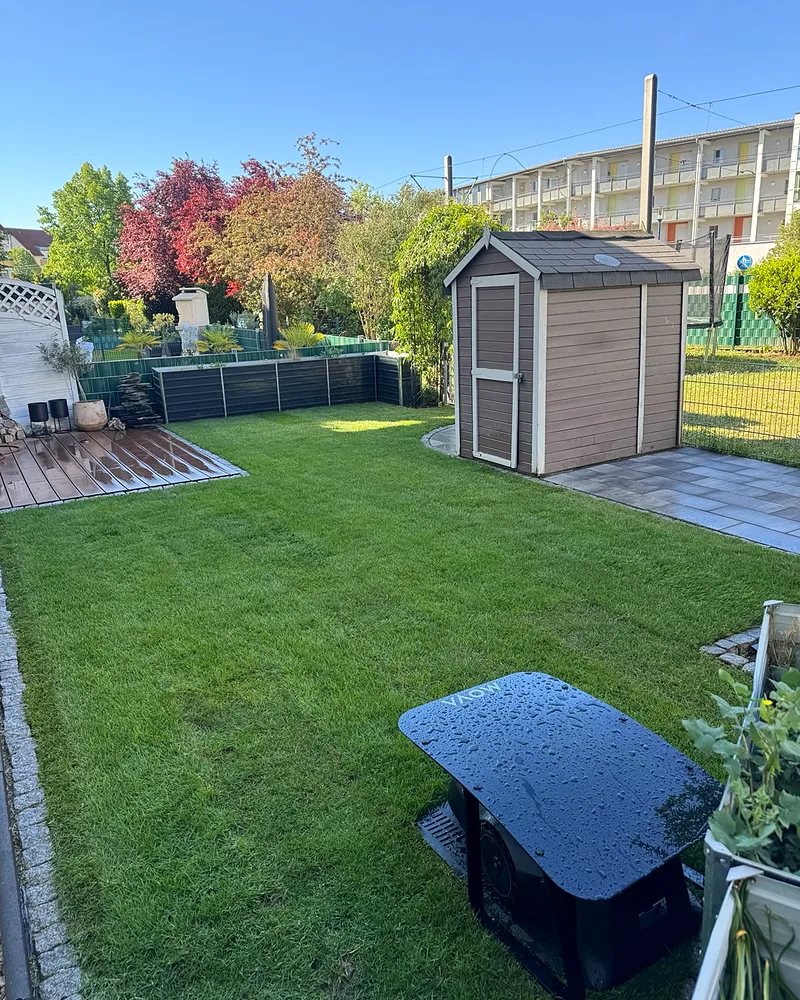 Herbstlicher Garten der Wohnanlage in Mannheim mit rot gefärbtem Ahorn, dichtem Rasen, Mähroboter und Gartenhaus