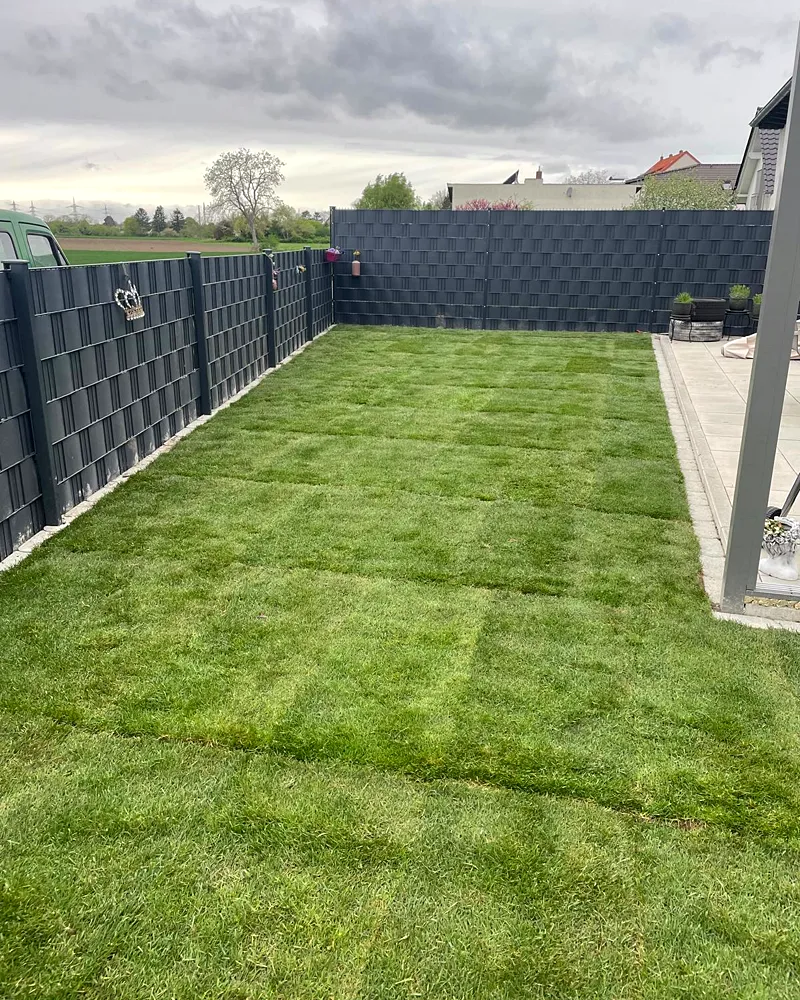 Nachher: Garten mit frisch verlegtem Rollrasen